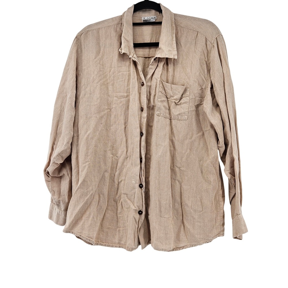 Bohemia Linen Cotton Button Down Shirt Khaki Size M Boho Coastal Resort Vacation